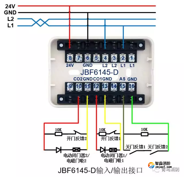 青鳥消防防火門監控系統接線圖之JBF6145-D雙動作輸入/輸出接口模塊接線圖