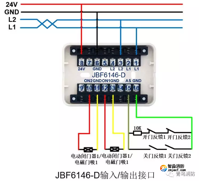 青鳥消防防火門監控系統接線圖之JBF6146-D雙動作輸入/輸出接口模塊接線圖