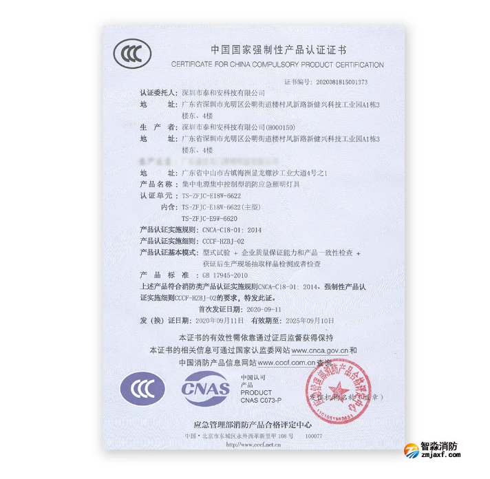 泰和安車庫消防應急照明燈具證書