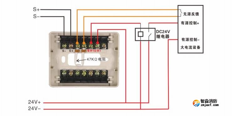 J-EI6043D輸入輸出模塊通過控制DC24V繼電器來間接控制大電流消防聯動設備接線圖 