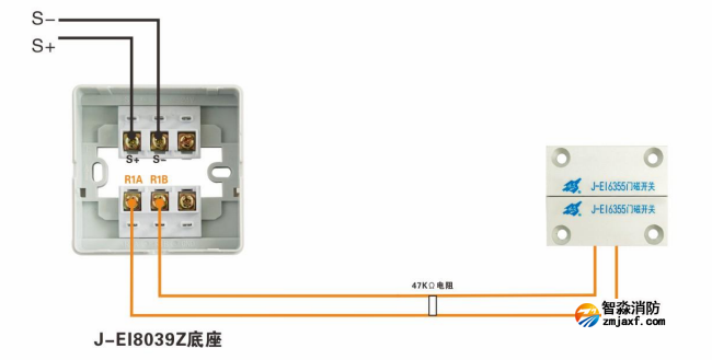 J-EI8030/N單輸入模塊接門磁開關接線圖（常閉式防火門）
